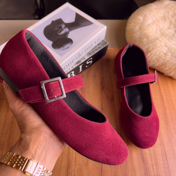 Sapatilha Mary Jane Camurça Vinho